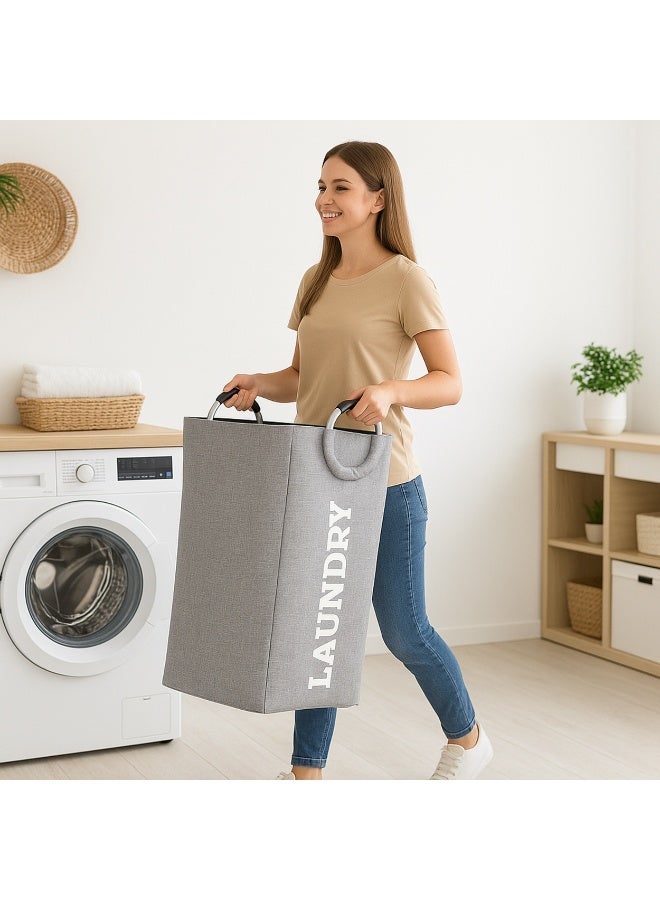 Rectangular Fabric Laundry Hamper Foldable for Clothes Storage Organizer – Padded Aluminum Handles Laundry Basket-Grey - Image 4